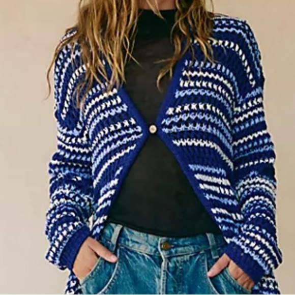 FREE PEOPLE COLETTE CROCHET STRIPED MAXI CARDIGAN BLUE WHITE MEDIUM AND LARGE - Picture 6 of 9